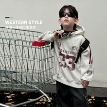 【冬款特价清仓】顽兔儿童冬款美式织带字母印花加绒连帽男童卫衣