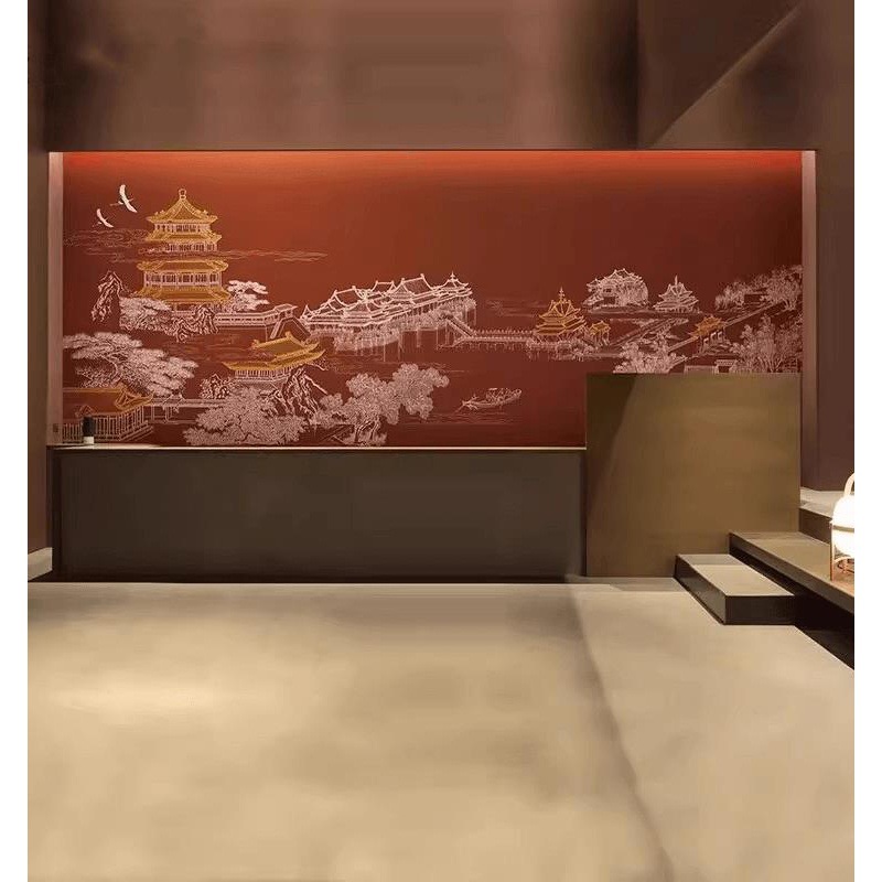 新中式故宫红墙纸中国风墙布浮雕背景墙壁布酒店前台装修饭店壁纸