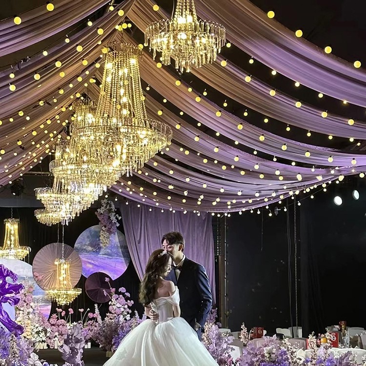 웨딩 보라색 천 맨틀 우유 실크 패브릭 스트레치 천 맨틀 천장 웨딩 강당 무대 탑 컬러 카드 웨딩 장식