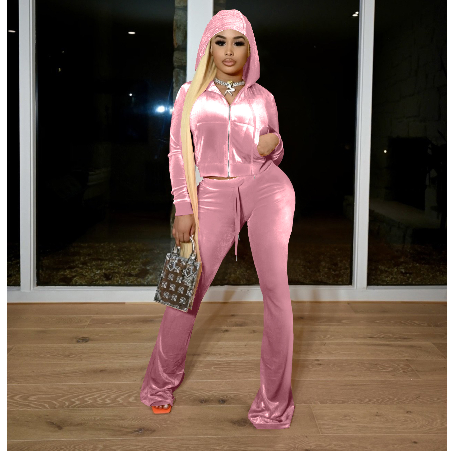 F172 European American Women's Clothing Cross-border Korean Autumn And Winter New Two-piece Hooded Casual Sports Velvet_ecoleips.com