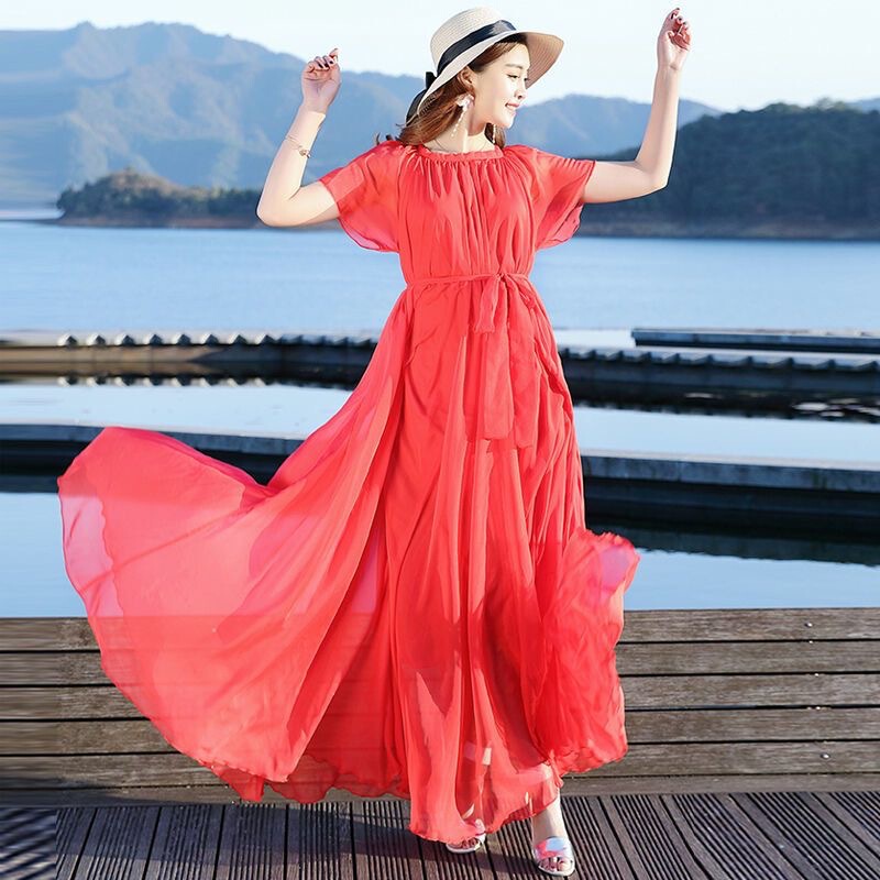 Beach Skirt Dress New Large Size Ankle-Length Chiffon Long Skirt with Large Hem Sanya Photo Skirt Seaside Vacation Fairy Skirt