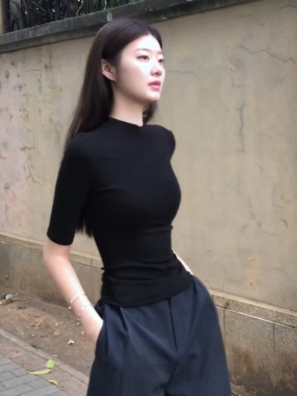 美式气质辣妹黑色新款修身显瘦基础款小圆领中袖收腰正肩T恤上衣|undefined