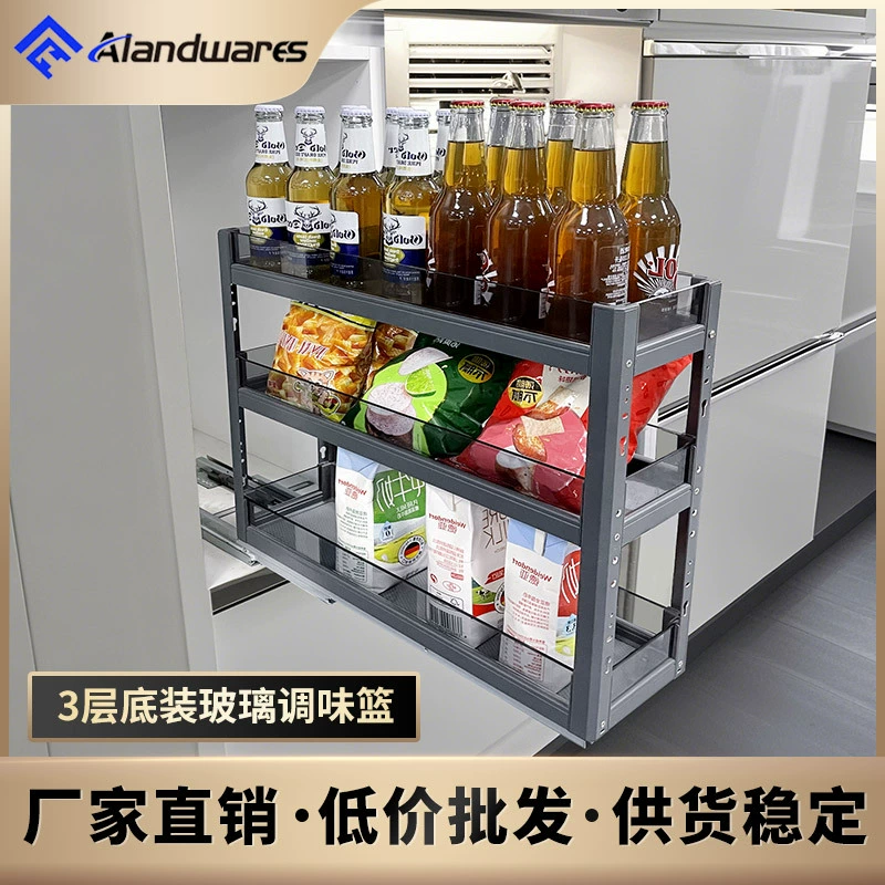 Выдвижная кухонная тумба с двойным ящиком, выдвижная корзина для специй из алюминиевого сплава, узкая тумба для хранения, встроенная нижняя выдвижная корзина для специй