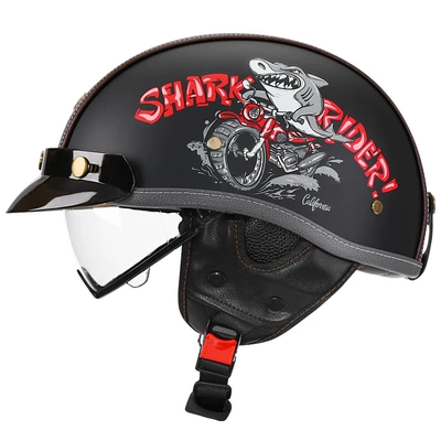 3C Certified Retro Motorcycle Helmet Leather Helmet for Men and Women Summer All-Season Motorcycle Half Helmet Electric Motorcycle Helmet Japanese Scoop Helmet (Motosiklet kaskı (dəbilqə)) - sub-black-shark-bully-transparent-m