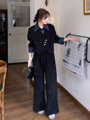韩系穿搭一整套装女秋冬季高级感假两件外套时尚宽松阔腿裤两件套