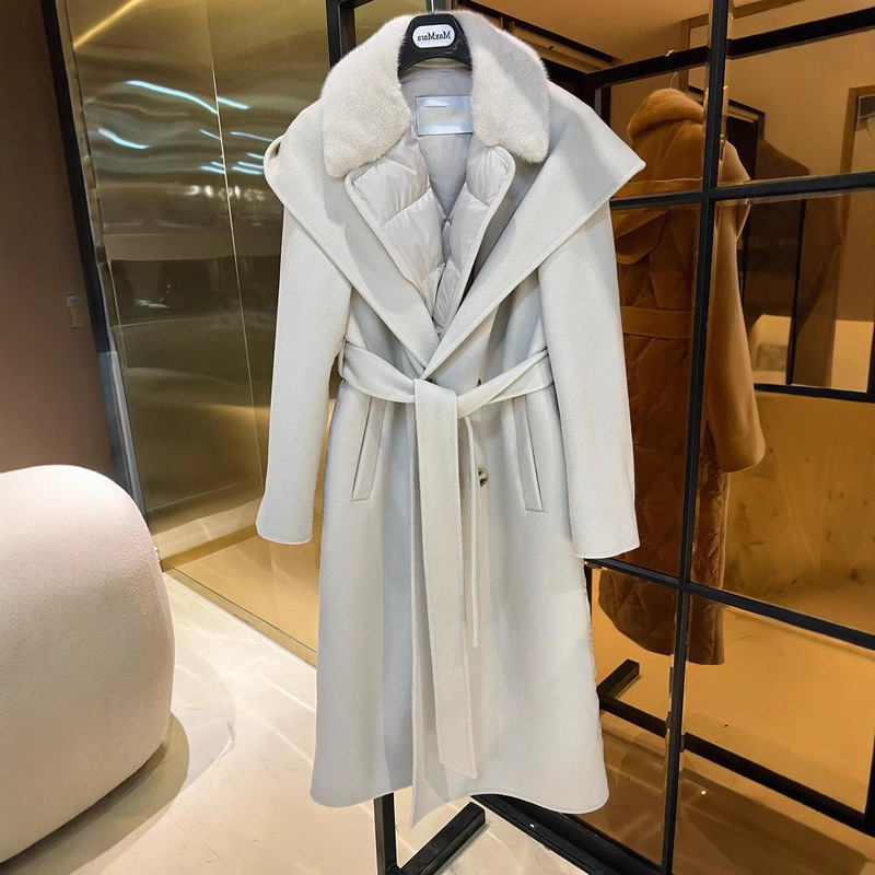 2025 New Style Faux Two-Piece Long Australian Wool Fur Coat for Women with Mink Collar and Goose down Lining Casual Oversized Coat