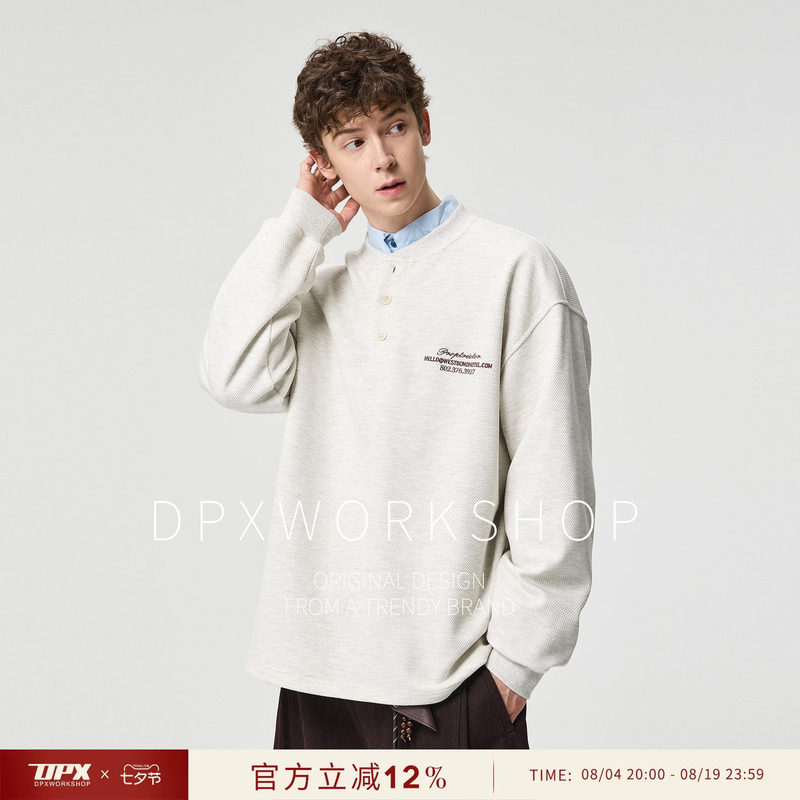 DPX American retro waffle knit henley collar sweatshirt for men, autumn loose fit, large size, stylish embroidered long-sleeve top DPX American retro waffle knit henley collar sweatshirt for men, autumn loose fit, large size, stylish embroidered long-sleeve top