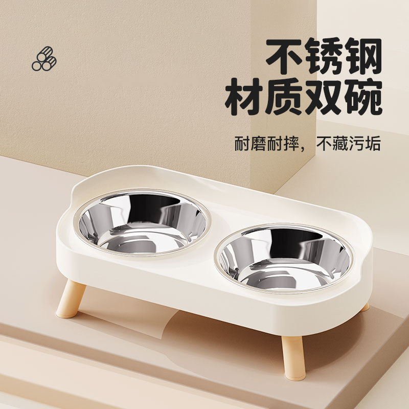 Tazón de comida para mascotas Tazón de acero inoxidable integrado con agua y comida Tazón doble para mascotas anti-volteo Tazón doble para proteger la columna cervical Alimentación de mascotas Tazón doble