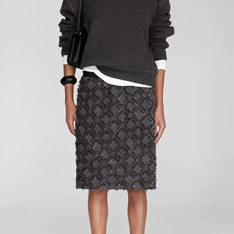 现货ECH时髦 剪花流苏工艺 格纹肌理视觉层次感松紧腰半身裙休闲