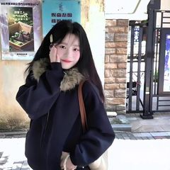 美式小熊耳朵连帽毛领外套女早秋拉链宽松慵懒风休闲开衫连帽卫衣