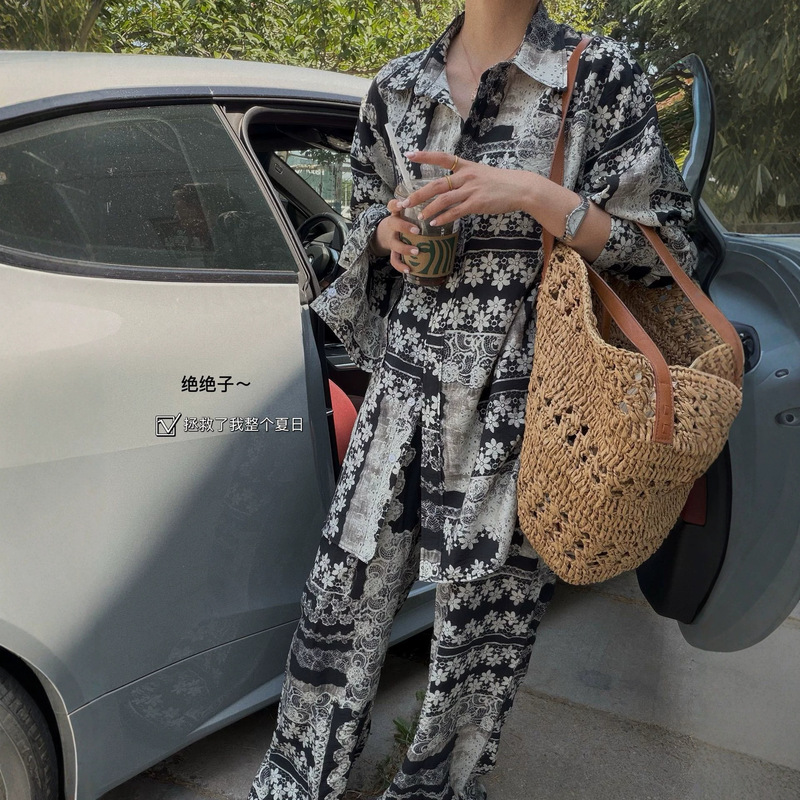 Original factory vintage lace print oversized shirt and casual long pants women's spring-summer bohemian vacation two-piece set Original factory vintage lace print oversized shirt and casual long pants women's spring-summer bohemian vacation two-piece set