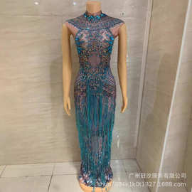 现货演出服夜店酒吧女歌手DJ嘉宾假露肉印花包臀长裙流苏蓝点子