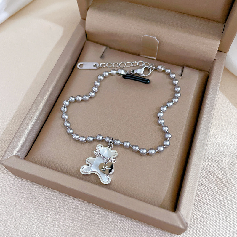 【 All-titanium Steel 】 Elegant heart-shaped little bear Mother-of-pearl lucky minimalist chain bracelet Female Internet celebrity retro best friend pic 1