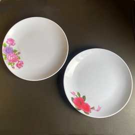 MELAMINE WARE外贸10寸盘子仿瓷密胺餐具白色贴花浅盘月光盘厂家