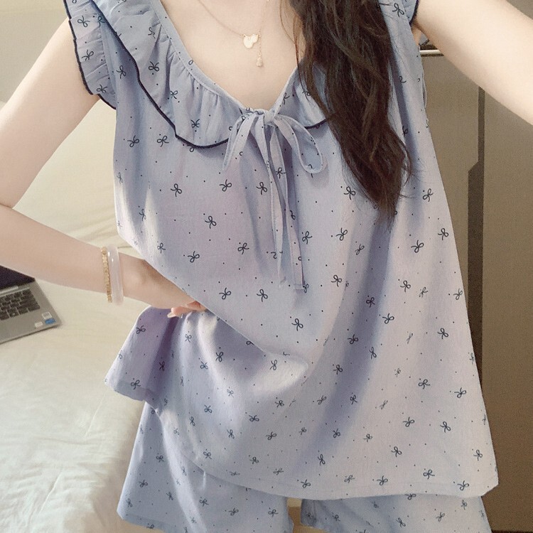 Sweet and Cute Bow Vest Shorts Pajamas Women Summer 2025 New Style with Breast Pad Sweet Home Clothes Set