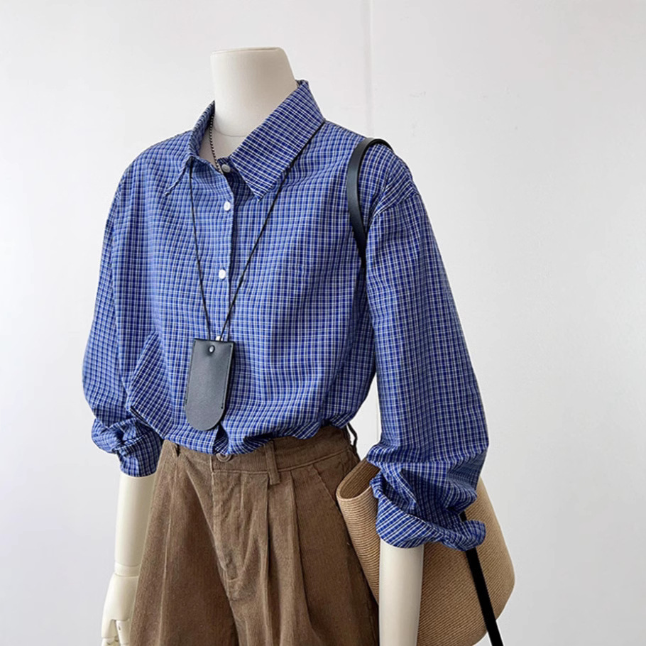 Highly Recommended! Really Beautiful~ Korean Style Blue Plaid Shirt for Women, Versatile Loose Turn-Down Collar Shirt