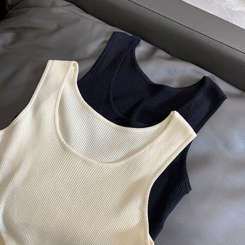 Korean-style U-shaped ribbed vest worn as an outer layer, summer ice silk layering base top for women, simple style sleeveless knitwear