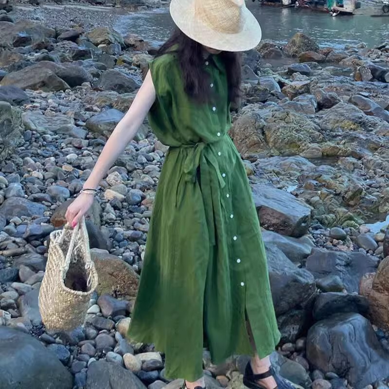Retro Simple Style Casual Atmosphere Polo Collar Shirt Sleeveless Dress Women's 2025 Summer New Long Skirt