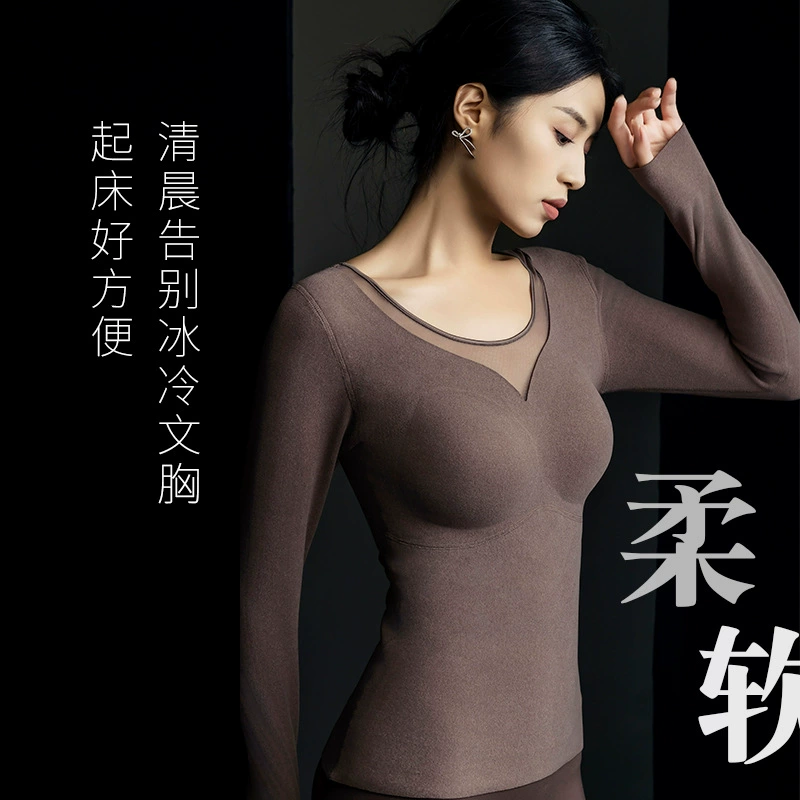 Термобелье для женщин с графеновым подогревом, на флисовой подкладке, утолщенное, модель 8856, со встроенными чашечками бюстгальтера, интегрированным базовым слоем, теплым бюстгальтером-топом, с длинными рукавами.