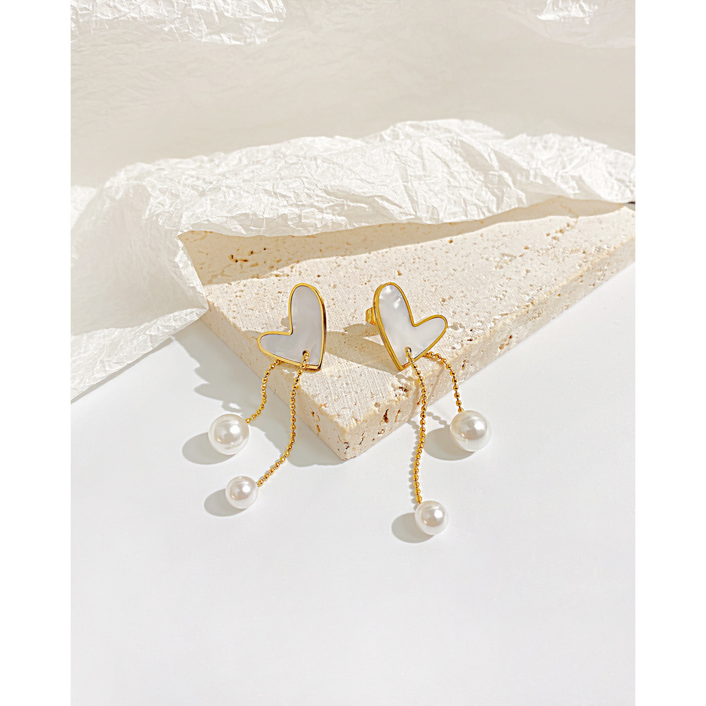 Fashion Heart Shape Stainless Steel Inlay Artificial Pearls Shell Pendant Necklace 1 Set