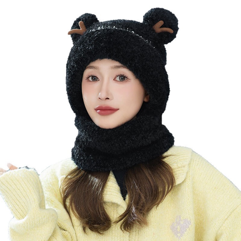 可爱鹿角毛绒连体保暖帽子女士秋冬季防风寒套头护耳毛线帽骑车帽|undefined