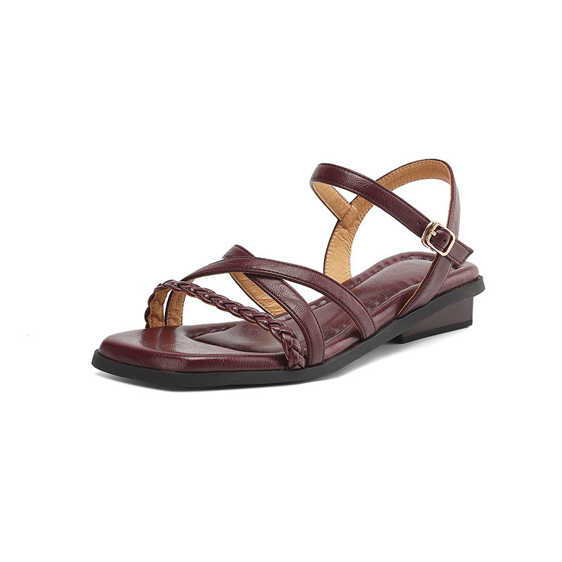 Dép sandal La Mã nữ đế bệt phong cách Pháp retro cổ tích — nâu