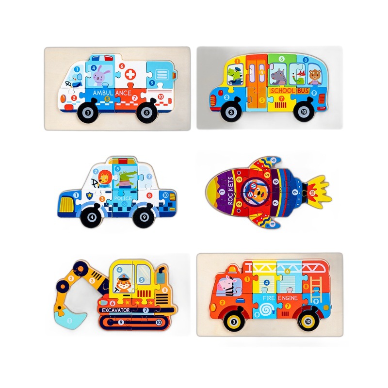 Rompecabezas transfronterizo, hebilla tridimensional, rompecabezas, iluminación, educación temprana, tráfico divertido, rompecabezas de madera, juguetes de madera para niños al por mayor