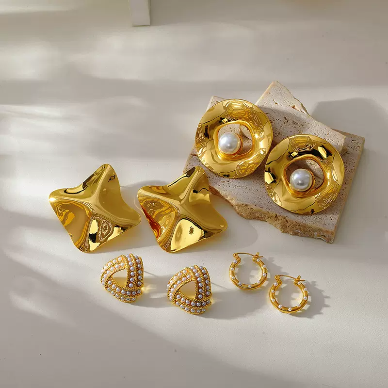 INS风跨境新款不锈钢镀18K金耳环几何凹凸不规则个性夸张大耳钉女