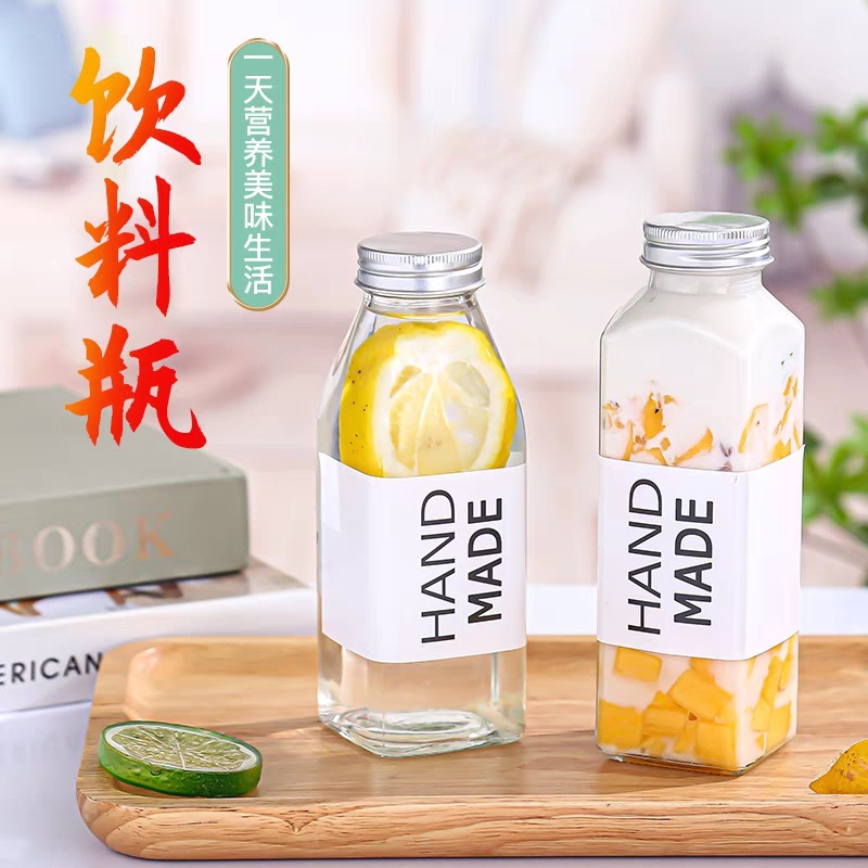 奶茶店300-350-500ML冷泡茶饮料果汁瓶奶茶密封玻璃瓶子带盖空瓶