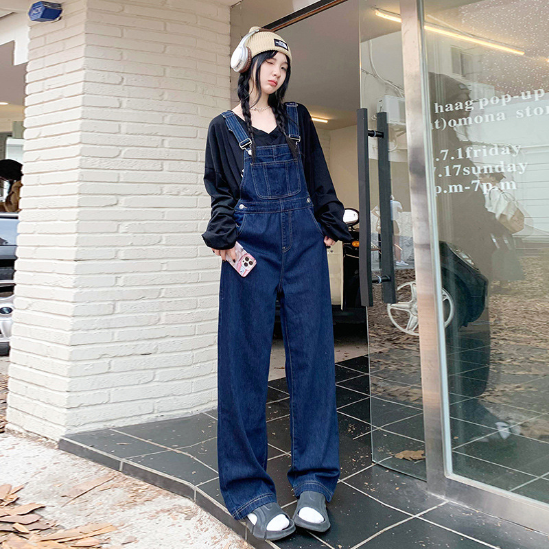 Denim Strap Pants Women's Autumn and Winter New Korean Style plus size Straight Tube Loose Age-reducing High Waist Slim-fit Covering Strap Pants