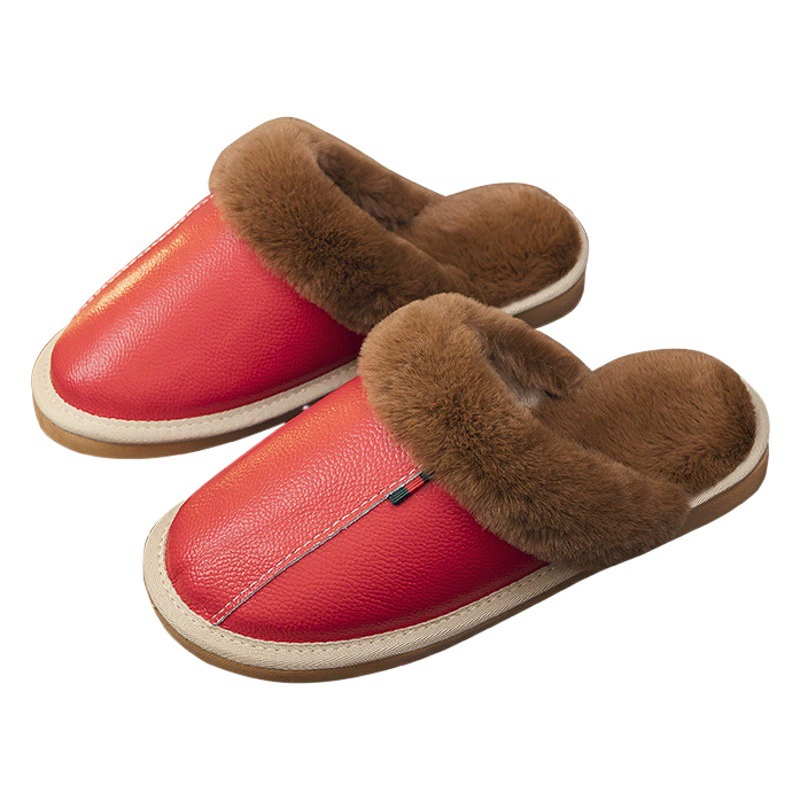 Зимние хлопковые тапочки женские кожаные непромокаемые бытовые Нескользящие домашние теплые утолщенные плюшевые с толстой подошвой мужские зимние