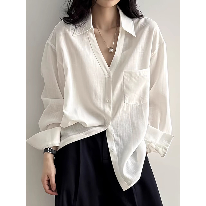 French V Neck Thin Linen Sun Protection Shirt Women's Long-Sleeved Summer High-End Lazy Air-Conditioned Cardigan Cotton and Linen Top