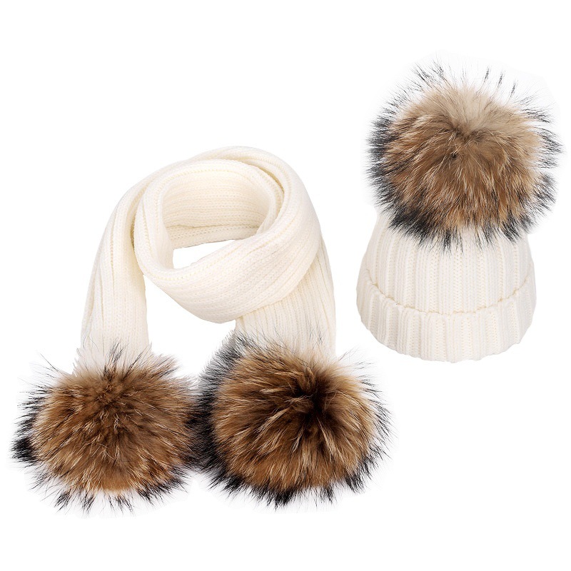 새로운 겨울 모자 스카프 어린이 세트 가죽 너구리 모피 공 따뜻한 두꺼운  소녀 울 캡