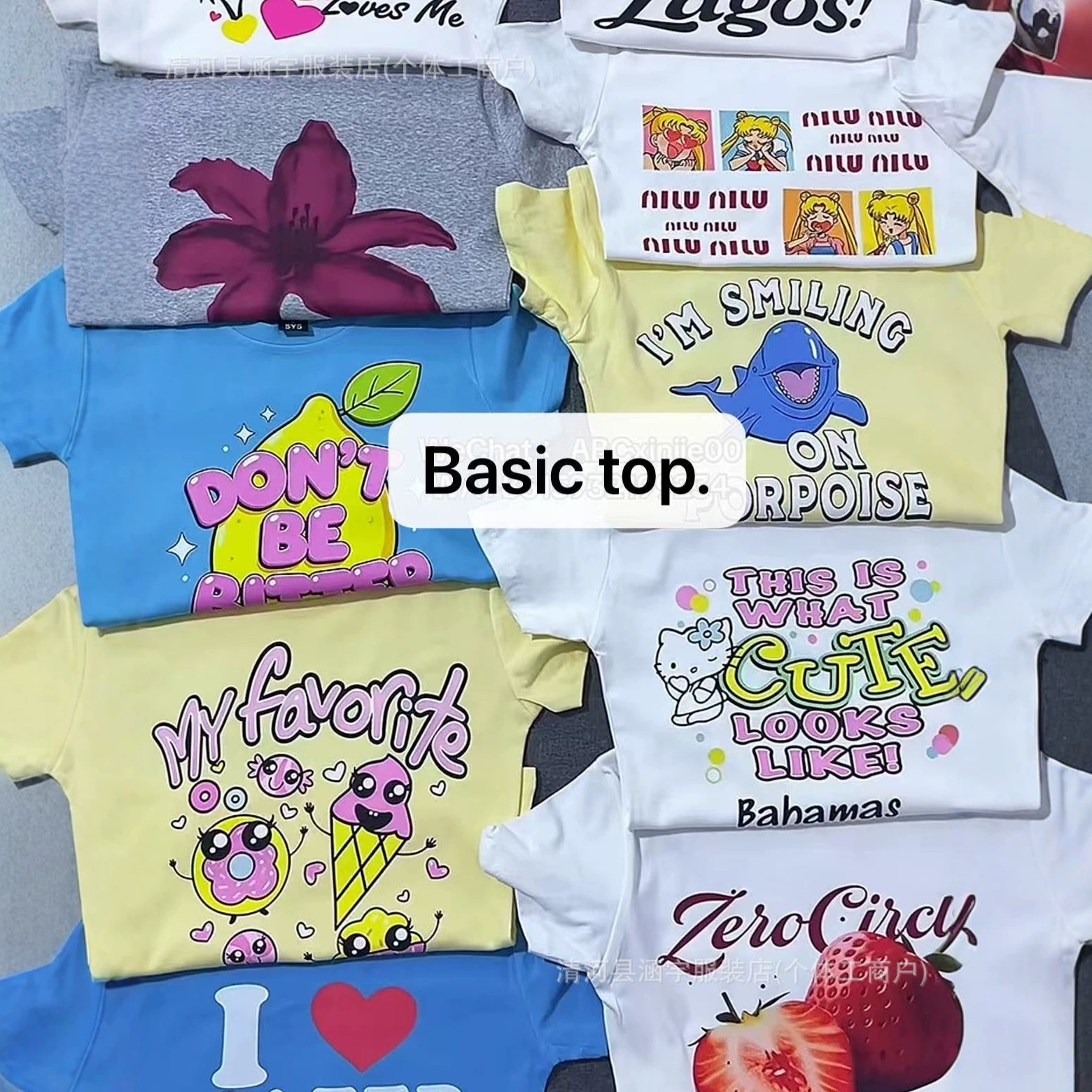 Basictops New Women's Slim-Fit Short-Sleeve European and American Style T-Shirt with Cartoon Print, Basic Top in Blue