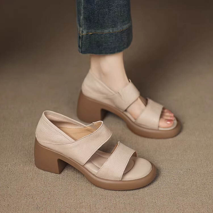 Soft Leather Version ~ 6cm Ultra-Soft Leather Soft-Soled One-Strap Peep-Toe Sandals for Women, Summer Outdoor Wear, Chunky Heel High-Heeled Roman Shoes