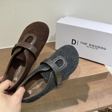 森系加绒乐福鞋女2025年秋冬新款圆头毛呢勃肯鞋保暖棉鞋女豆豆鞋