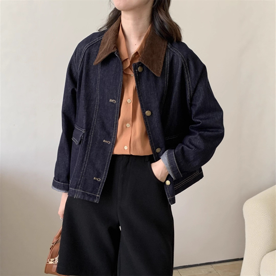 2026 Autumn Color Block Corduroy Lapel Loose Casual Work Jacket Denim Jacket Women's Short Jacket