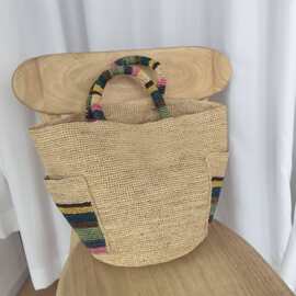 高品质拉菲草手提包撞色口袋手工钩织女草编包跨境小众手拿编织包