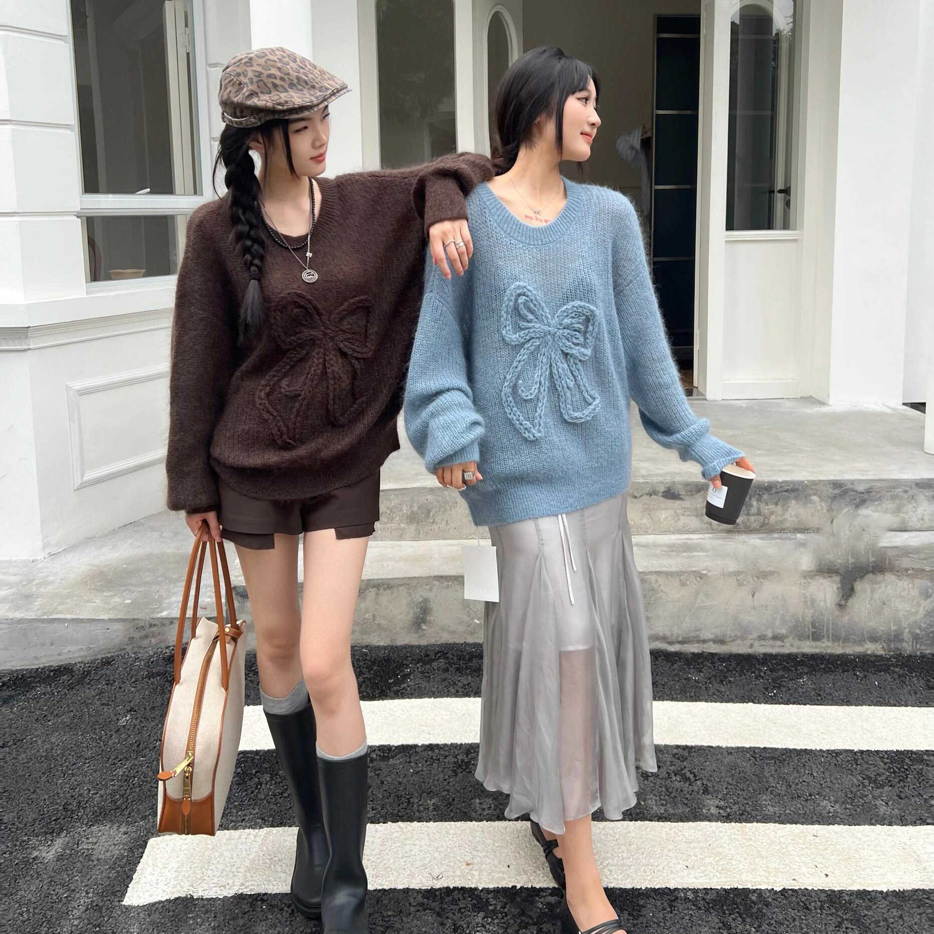Three dimensional autumn design knitted sweater with bow with a…