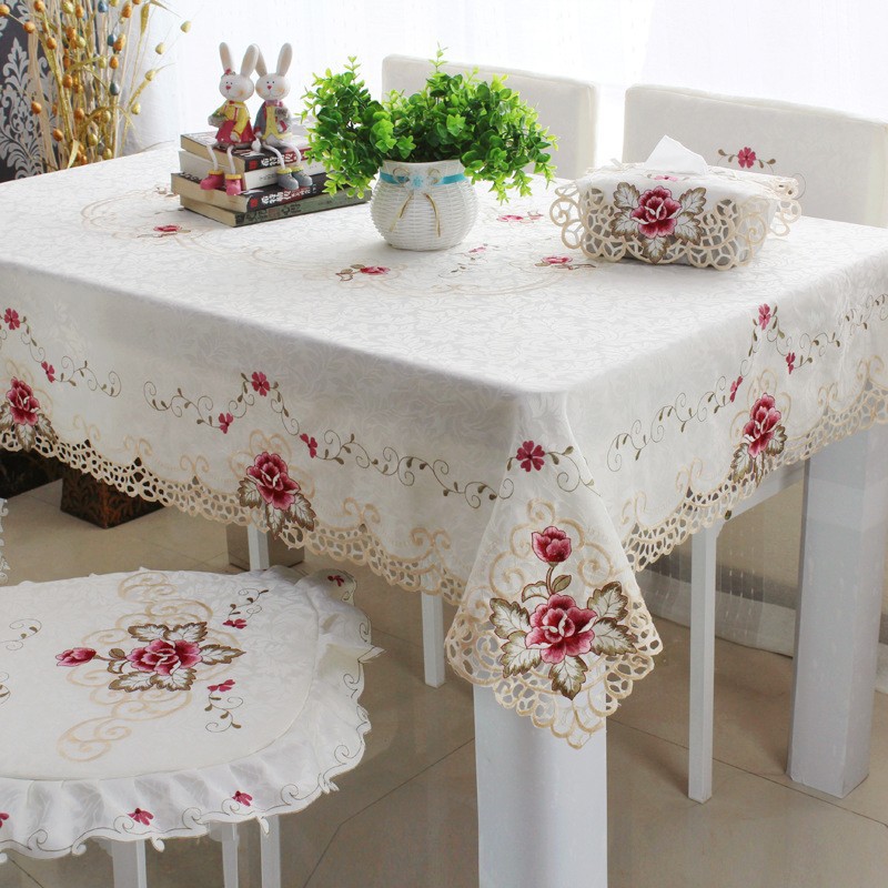 Pastoral Style Fabric Tablecloth Embroidered Polyester Hollow Dining Chair Cover Price Household Multi-use Dust Cover Cloth Dining Tablecloth Wholesale