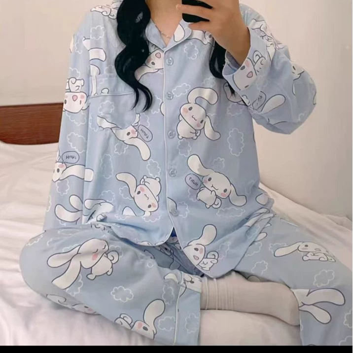 Корейские пижамы женские 2025 мультфильм Shopee новые пижамы женские весенне-осенние женские кардиганы с лацканами и длинными рукавами комплект брюк