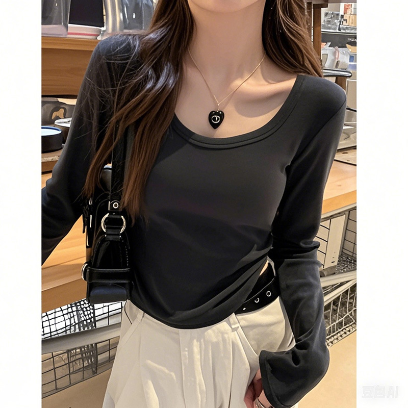 Chica caliente cuello redondo de doble cara camiseta de terciopelo caliente camiseta de base para mujeres 2024 nuevo invierno corto arco debajo de la ropa