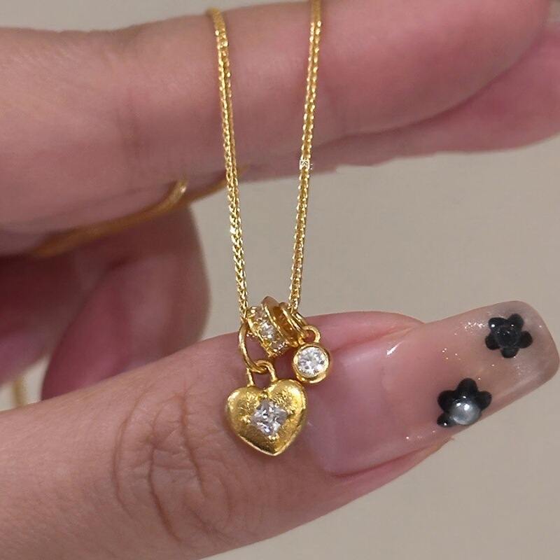 中古金色拉丝锆石爱心锁项链小众设计轻奢高级吊坠气质精致锁骨链|undefined