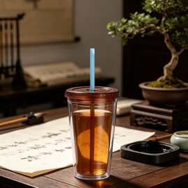大容量双层透明塑料吸管杯奶茶杯夏季冰杯办公随行杯防漏隔热设计