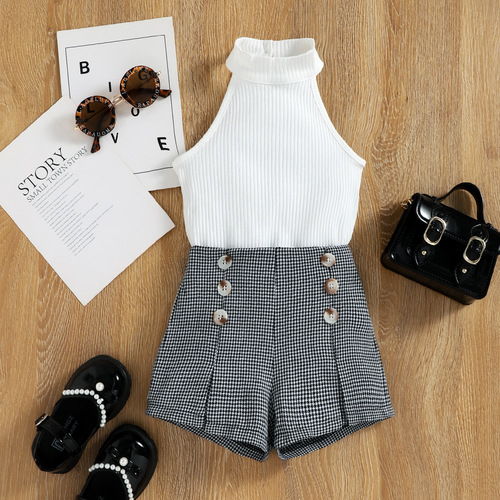 Baoxin Children's Clothes Summer Girls' Halter Vest Houndstooth Shorts British Two-piece Suit