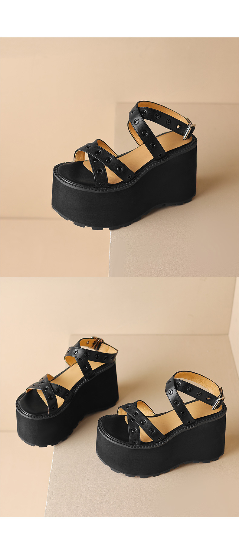 Sandal cao gót nữ quai chéo đế xuồng gót 11 cm, phong cách La Mã đinh tán — Đen 11cm, Đen 9cm chi tiết 14