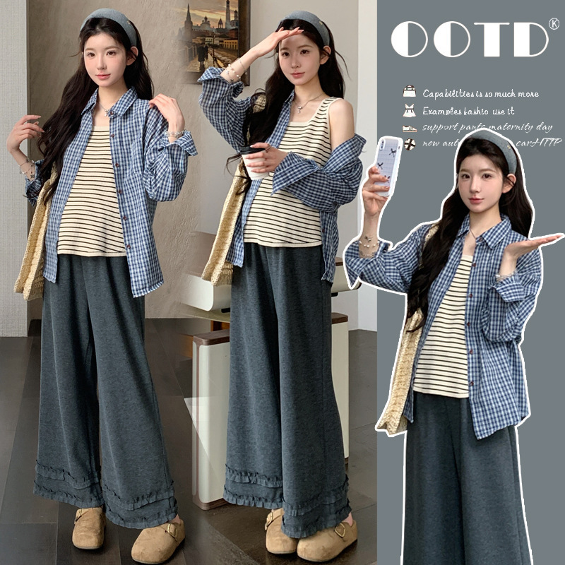 Maternity Fashion~Spring/Summer Outfits for Pregnant Women: High-End Korean Style Plaid Shirt and Wide-Leg Pants Layered Three-Piece Set