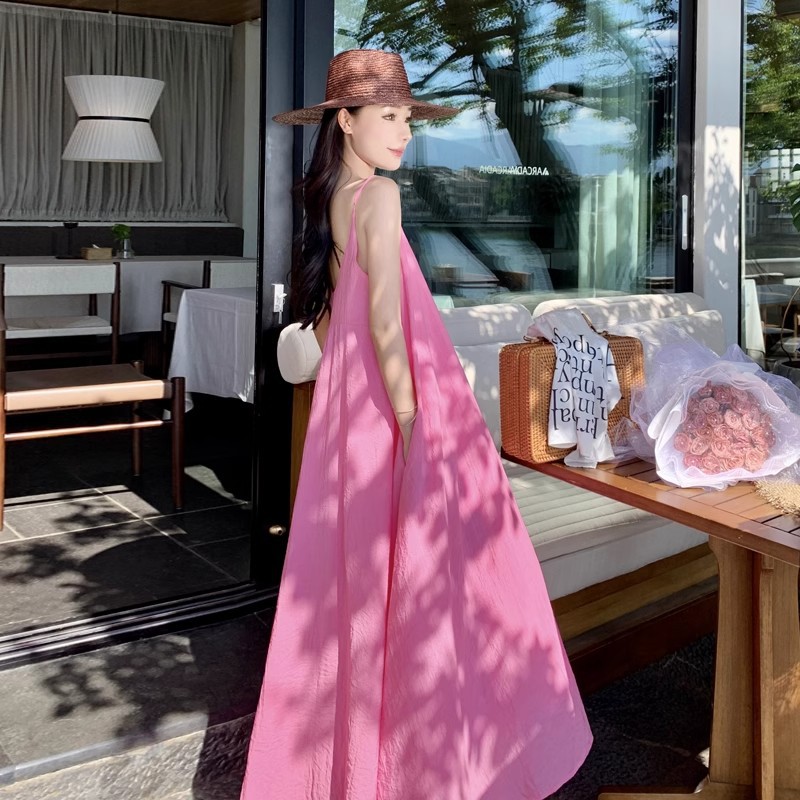 2025 여름 핑크 도파민 달콤한 시대 감소 Girly Sense Loose Lazy Style Belly Covering 해변 휴가 원피스