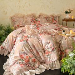 Princess Style French Lace Washed Cotton Quilt Set with Crepe Fabric Romantic Floral Comforter Cover Sheet Set with Fitted Sheet