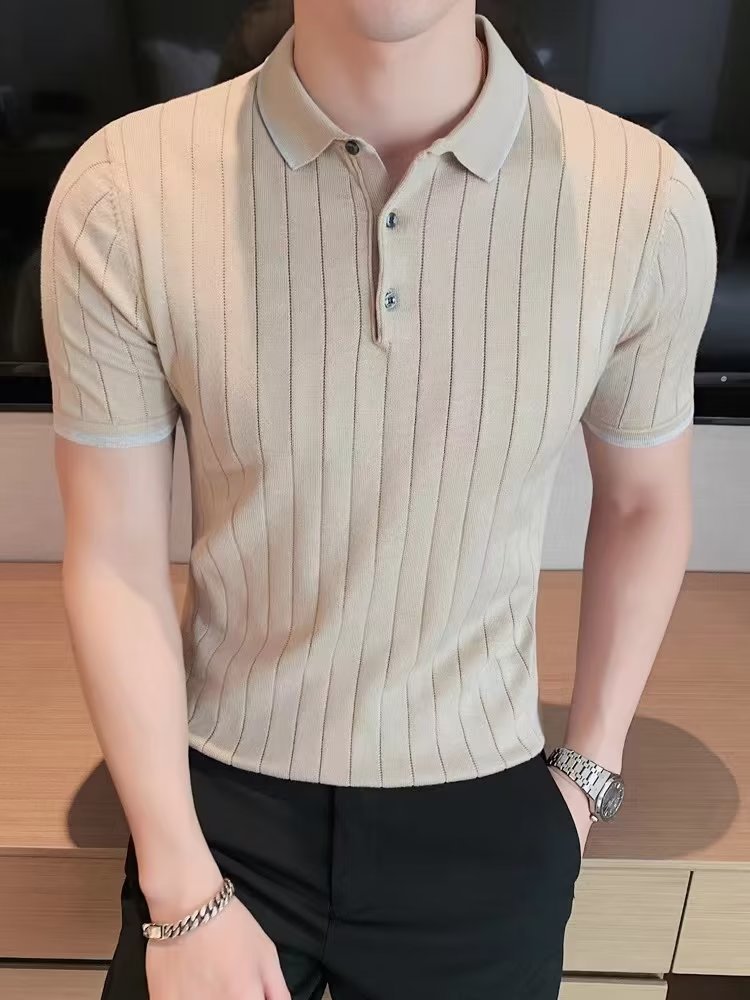 Nueva Camiseta de manga corta de seda de hielo a rayas casual ropa superior de los hombres delgados simples suéter de moda